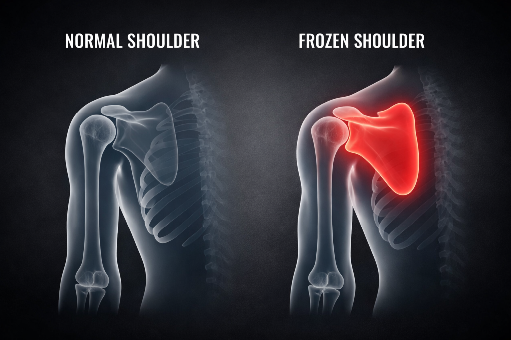 Diagram showing the three stages of frozen shoulder with treatment options available in Surat by Dr. Krunal Donda at Shivaan Hospital