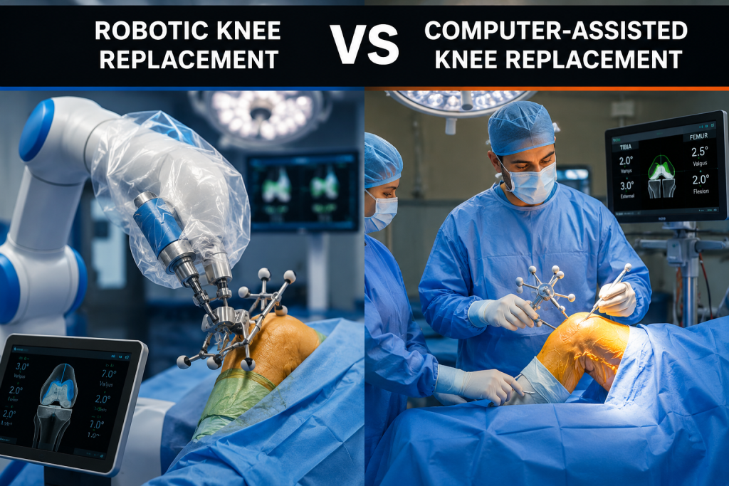 Comparison of computer-assisted and robotic knee replacement technologies showing precision alignment, surgical guidance, and treatment options in Surat