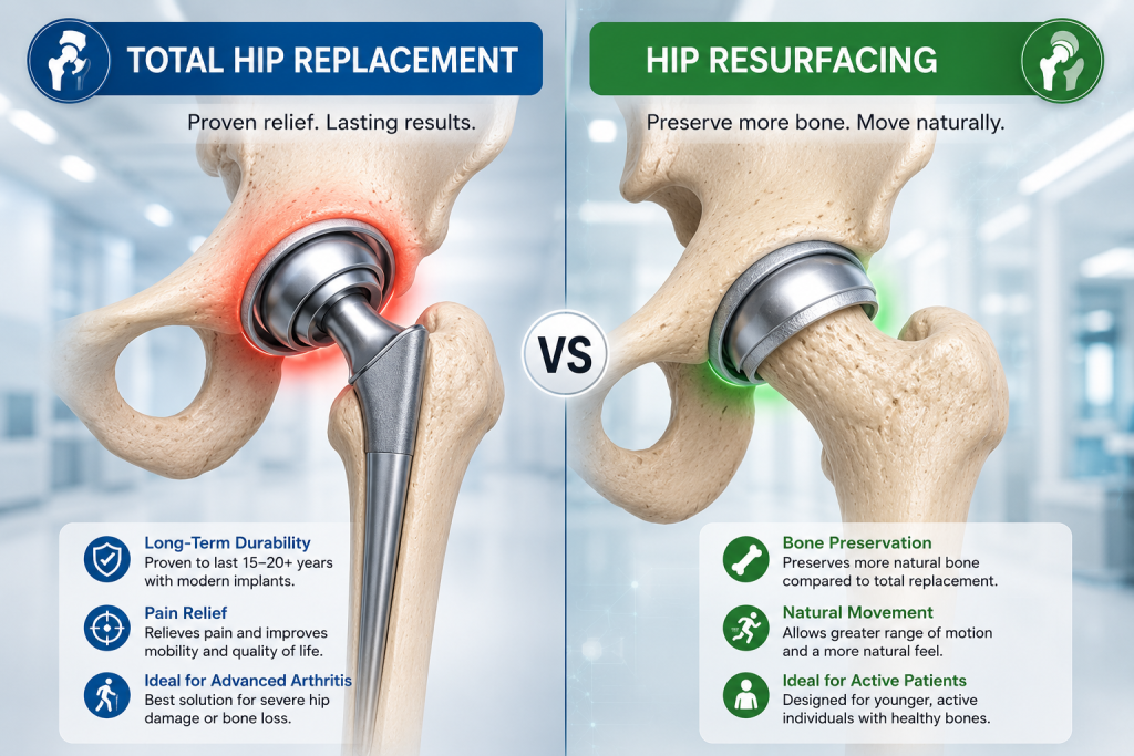 Comparison of total hip replacement and hip resurfacing procedures for active patients with hip arthritis and avascular necrosis in India