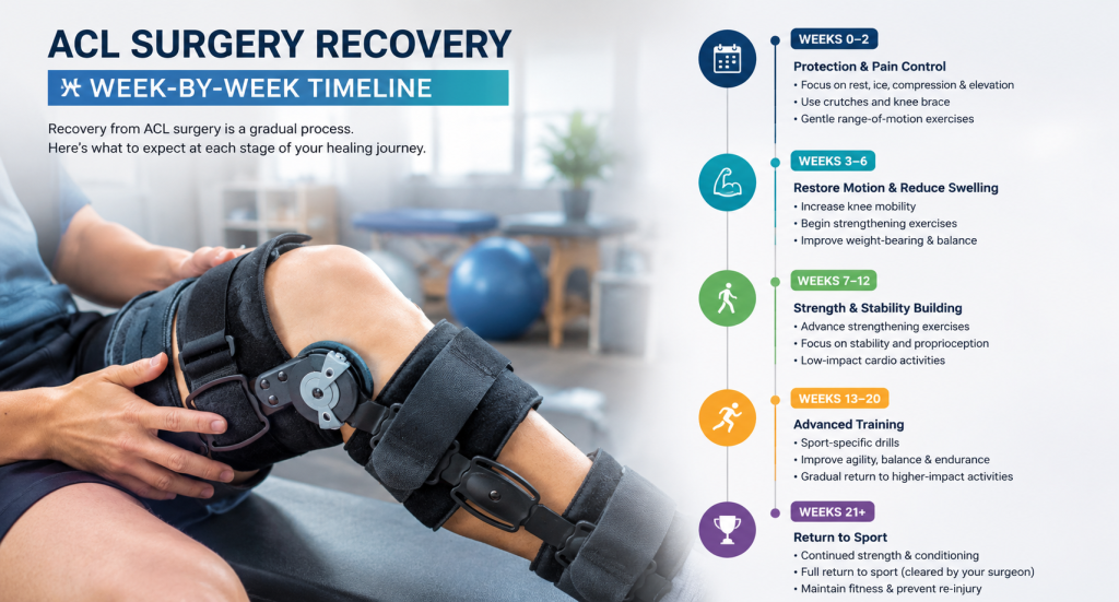 ACL surgery recovery timeline showing week-by-week rehabilitation phases and return-to-sport milestones in India